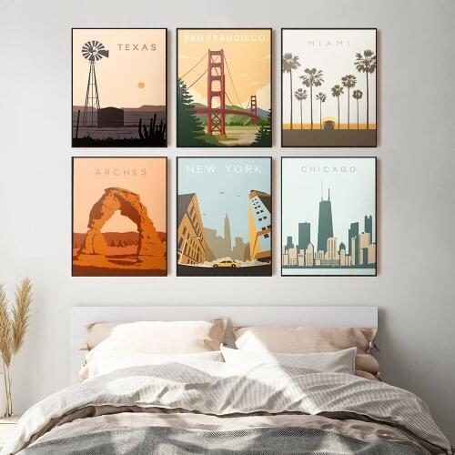 Nordic Vintage Travel Cities Poster New York San Francisco Chicago Texas Landscape Art Canvas Painting Wall Pictures Home Decor