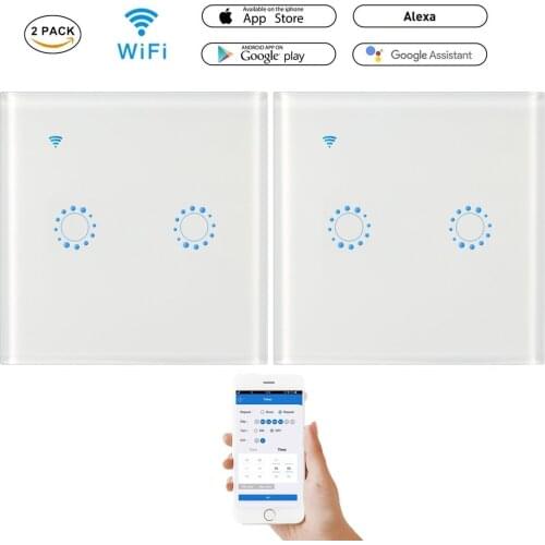 2 Pcs Tuya 1/2/3 Gang 2 Way Smart Touch Switch WiFi Glass Wall Switches Work with Alexa Google Home Voice/Remote Control