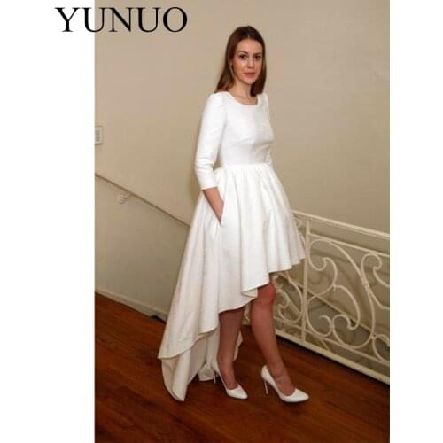 YuNuo Modest 2019 High Low Prom Dresses With 3/4 Sleeves Jewel Neck Short Front Long Back Simple Design N47