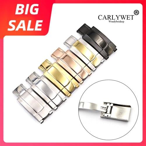 CARLYWET 16 x 9mm Gold Stainless Steel Replacement Watch Clasp For Rolex Datejust GMT Submariner Bracelet Rubber Leather Band