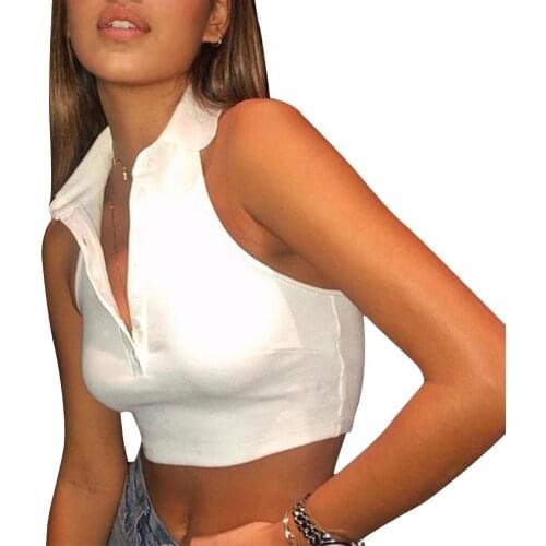 Women Tank Crop Tops Shirt Collar Tube Top Female V Neck Vest Backless Tube Top Street Wear Button Tank Top Summer Woman Top