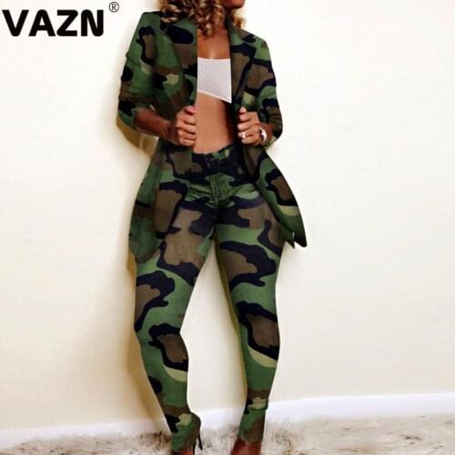VAZN Autumn 2019 Upmarket Formal Untidy Sexy Fashion 2 Color Full Sleeve Blazer Top Long Pants Women Slim 2 Piece Set