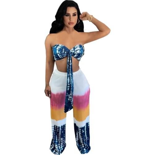Women Set Tie Dye Print Crop Strapless Tops Wide Leg Pants Two 2 Piece Sets Tracksuit Summer Night Club Street Outfits 2021