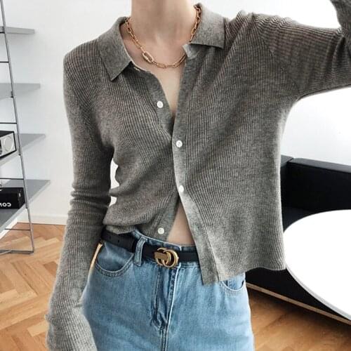 Fad Womens Autumn Sweaters Knitted Short Style Solid Female Cardigan With Long Sleeve Turn Down Collar Single Breasted Jumpers
