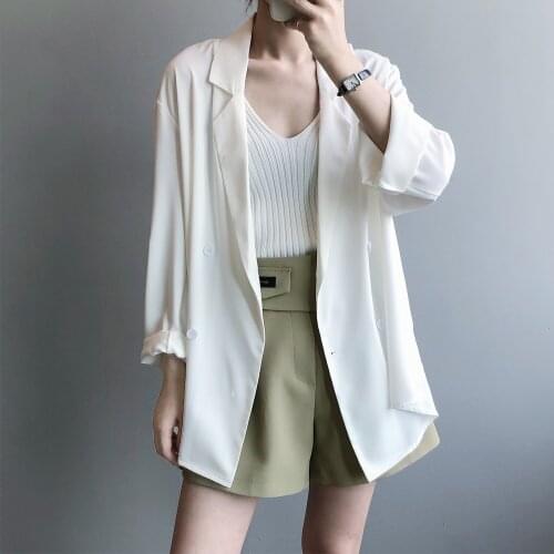 2021 New Summer Thin Suits Women Double Breasted Solid Sun Loose Protection White Black Blazer