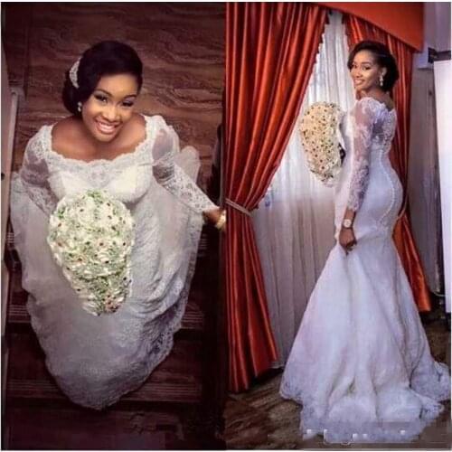Lovely Square Illusion Long Sleeves Lace Wedding Dress Sweep Train African Mermaid Bridal Gowns with Buttons Back