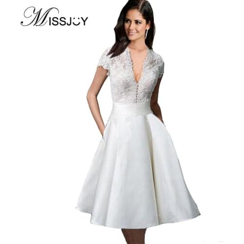 MISSJOY Women Summer 2020 Vintage Lace V-Neck Short Sleeve Sexy Knee Length Evening Wedding Party Bridesmaid Swing Dresses