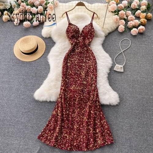 Women Vintage Elegant Party Night Dress Sleeveless Backless V-Neck Sexy Sequin Slim Long Dress