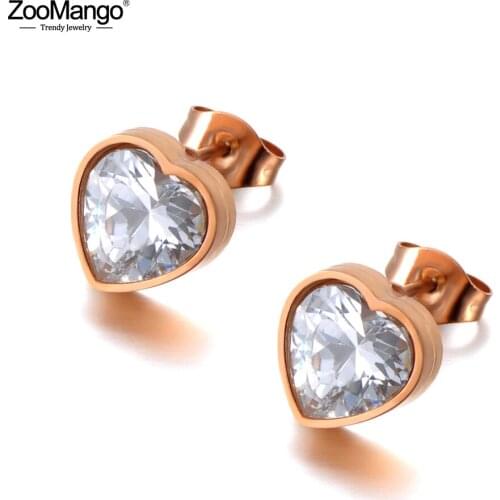 ZooMango New Sparkling Titanium Stainless Steel Cubic Zirconia Love Heart Wedding Earrings For Women CZ Crystl Earrings ZE20096