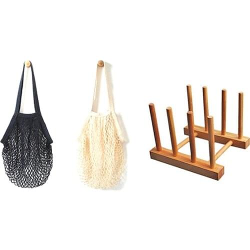 2Pcs Portable Reusable Mesh Cotton Net String Bag with Wooden Drainer Plate Stand Wooden Dish Plate Fold Rack Holder