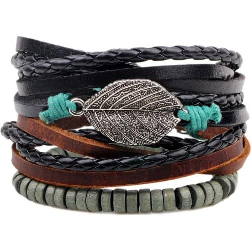 3pcs/set Boho Hippie Punk Brown Black Leather Leaf Charm Green Wooden Bead Stacked Layers Wide Bracelets for Man Jewelry
