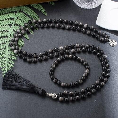 8mm Natural Silver Obsidian Beaded Knotted Mala Necklace 108 Japamala Meditation Yoga Rosary Jewelry with Tree of Life Pendant