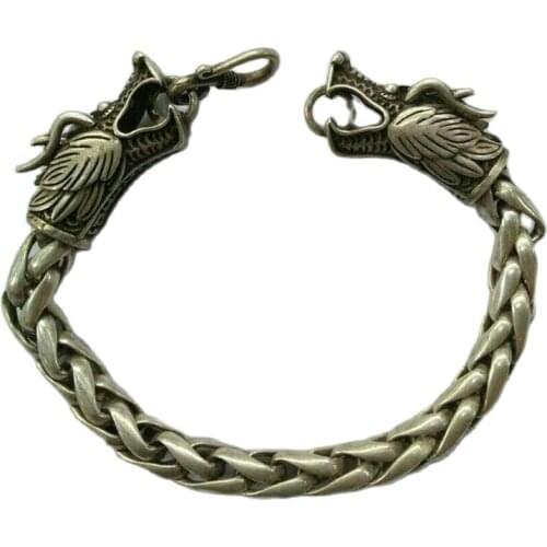 China Old national style Tibet Silver Carve Pair dragon head chain Bracelet