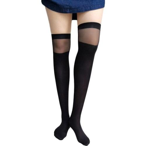 Black Women Stockings Sexy Mesh Patchwork High Knee Socks Transparent Long Socks Female Nylon Silk Stockings Medias De Mujer