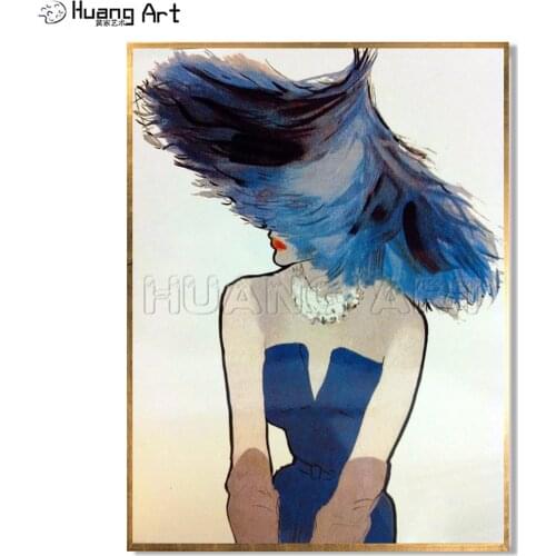 Canvas Painting Beautiful Fashion Girl Figure Oil Painting 100% Handmade Blue Hat Elegant Lady Portrait for Modern Art Decor
