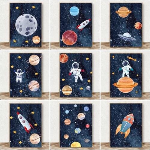Space Astronaut Rocket Planet Moon Sun Wall Art Print Canvas Painting Nordic Poster Nursery Wall Pictures Baby Kids Room Decor