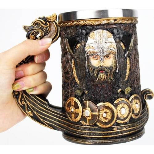 Drakkar Viking Tankard Mug 304 Stainless Steel Insert Resin Nordic God Odin Coffee Beer Mugs Cup Halloween Birthday Gift 600ml