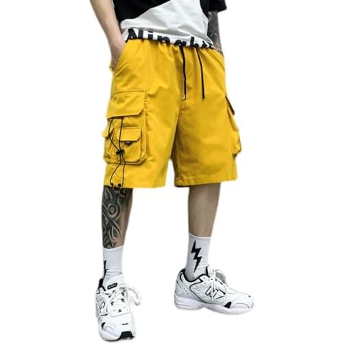 Summer yellow pants men Short Cargo trousers Many pockets Black Red color High street style