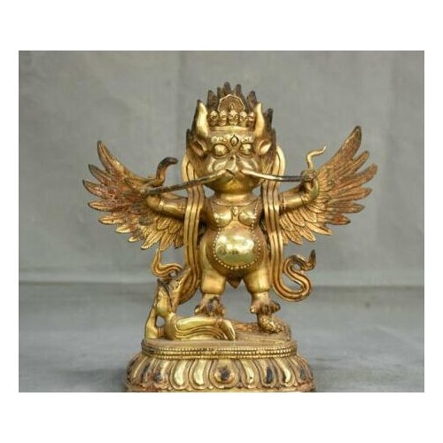 9" Old Tibet Copper Gild Buddhism Redpoll Winged Garuda Bird Eagle Buddha Statue