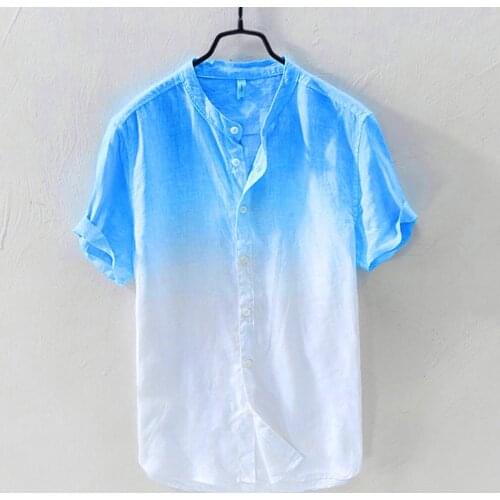 Mens Gradient Blouse Cotton Linen Shirt Loose Tops Short Sleeve Tee Shirt Spring Autumn Summer Casual Handsome Shirt For Men