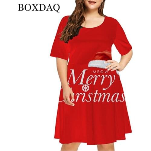 Plus Size 5XL 6XL 2021 New Year Christmas Dress Woman Party Casual Short Sleeve Loose Dresses Women Cartoons Letter Print Dress