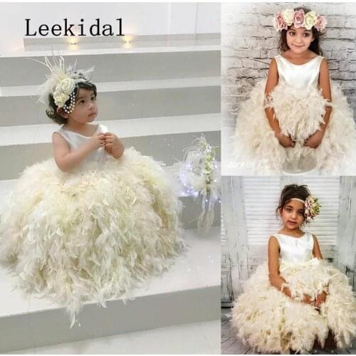 Luxury Flower Girls Dresses Jewel Neck Sleeveless Feather Tiered Pageant Dresses Knee-length Custom Made Girls Party Gown Custom