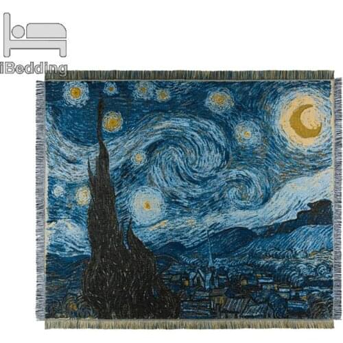 Nordic Van Gogh Starry Sky Oil Painting Tapestry Lunch Break Sofa Wool Knitted Cotton Linen Multifunctional Cover Blanket