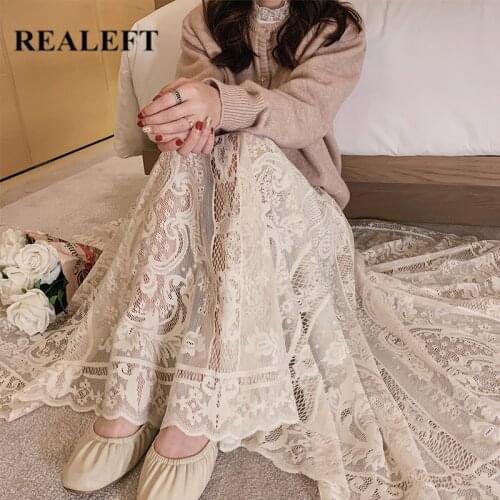 REALEFT Vintage Womens Lace Crochet Umbrella Long Skirts 2021 High Waist Hollow Out Bohemian Female Maxi Skirts Spring Summer