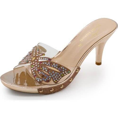 Silver Royal Blue Italian Slippers for Women Ladies Girls High Heeled Shoes Rhinestone Jewelry Pendant Square Heels Summer