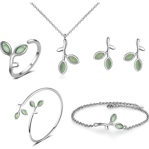 925 Sterling Silver Minimalist Opal Green Leaf Leaves Jewelry Sets For Women Lover Birthday Gift NE+EA+BR+BA+RI 2021