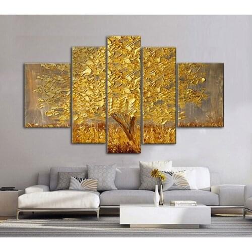 Golden Abstract Fortune Lucky Trees Handmade Landscape Oil Paintings On Canvas Wall Art Pictures For Living Room Home Decor