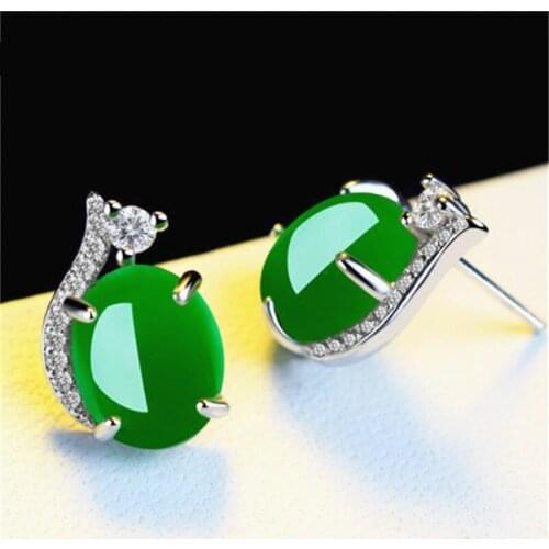 100% Real 925 Sterling Silver Stud Earrings For Women Lady Round Natural Green Jade Earrings Emerald Gemstone Party Fine Jewelry