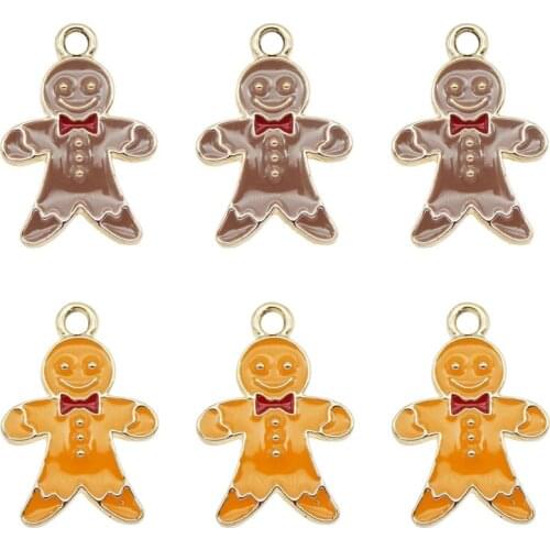 Julie Wang 6PCS Enamel Gingerbread Man Charms Brown Orange Cartoon Christmas Food Pendants Alloy Jewelry Making Accessory