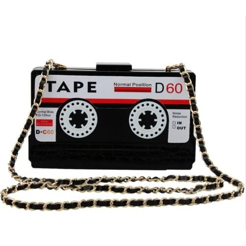 Women Black Tape type Acrylic Box Clutch bags Handbags party prom Evening bag Purses Chain Shoulder Cross body Bags clutch purse