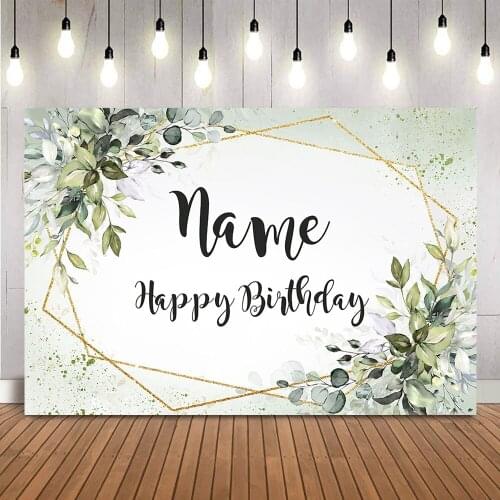 Customize Name Birthday Backdrop Green Leaves Happy Birthday Party Decoration Gold Glitter Dot DIY Personalize Baby Shower Decor