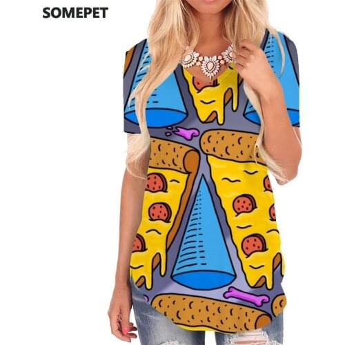 SOMEPET Pizza T Shirt Women Food V-neck Tshirt Painting Funny T shirts Art Tshirts Printed Womens Clothing Punk Rock Casual Tops
