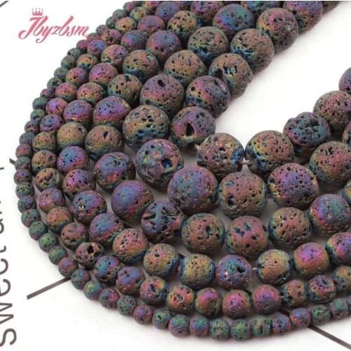 Natural Lava Rock Multicolor Metallic Coated Plated Round 6/8/10mm Stone Beads For DIY Jewelry Making Bracelet Strand 15"
