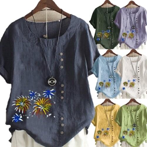 New Womens Casual Fireworks Printed Linen Tops Round Neck Short Sleeved Plus Size Button T-Shirt Loose Graphic Blouse Plus Size