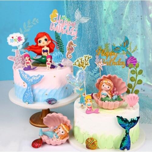 Ocean Mermaid Cake Toppers Scallop Seaweed Seahorse Starfish Cake Decor 1st Birthday Decor Happy Birthday Party Decor Kids Girls