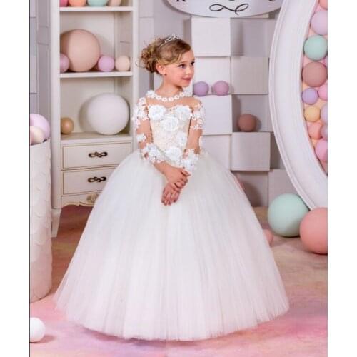 New Hot White Lace Appliques Flower Girls Dresses Long Sleeve Girls First Communion Dress Baby Princess Dress Ball Gown