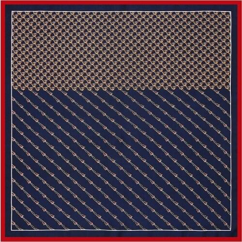 POBING 100% Silk Scarf Woman Spain Chain Print Square Scarves Luxury Bandanas Small Hijab Foulards Lady Tie Headband 53x53CM