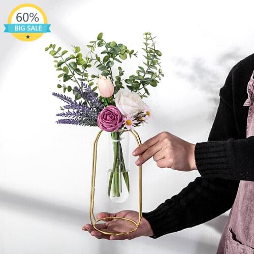 Transparent Glass Creative Modern Fashion Nordic Vase Simple Hydroponics Tabletop Flower Vase Metal Wazony Room Decor AH50VS