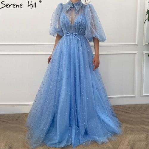 Blue A-Line Sexy Prom Dresses Party Dresses Women Evening lantern Half Sleeves Tulle Formal Dress Long Design 2020 BLA70686