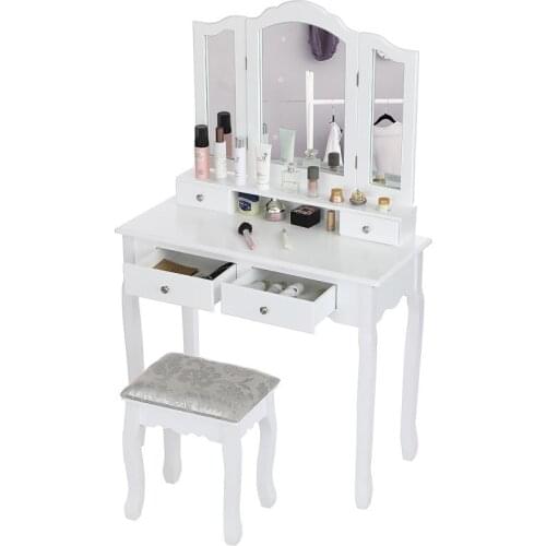 European Style Dressing Table With Stool And Three-fold Mirror (3 Mirrors 4 Drawers) Multifunctional Creative Dressers Table HWC