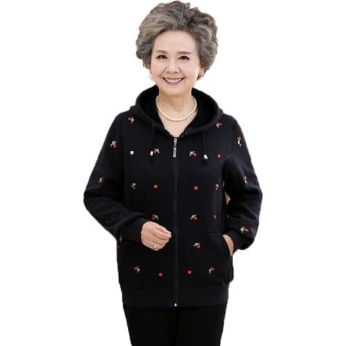 2020 Spring Autumn Coat Sportsuit Middle-aged and Elderly Womens Embroidery Jacket Plus Velvet Hooded Casual Outwear Sportswear