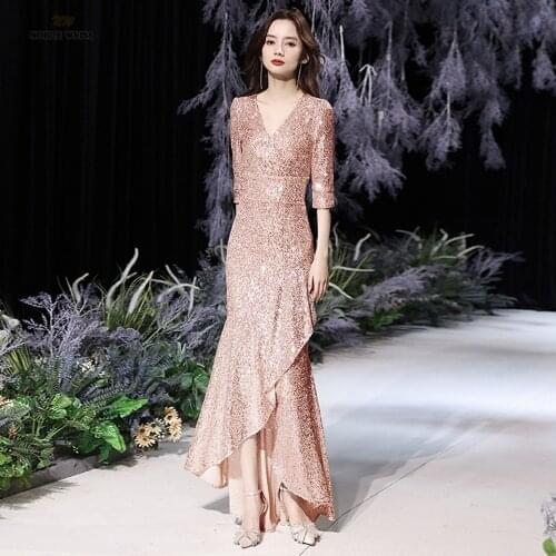 Prom Dresses V-Neck Asymmetrical Sequined Prom Dress with Three Quarter