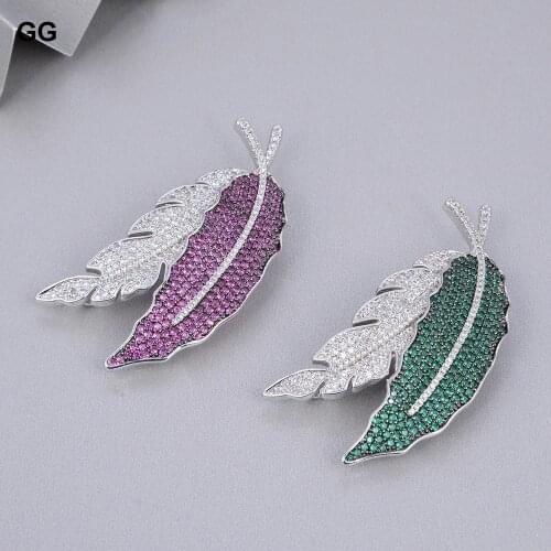 GuaiGuai Jewelry Big Leaf Brooch 64x32MM Multi Color Cubic Zirconia Micro Pave Leaf Silver Color Plated Shape Brooch For Women