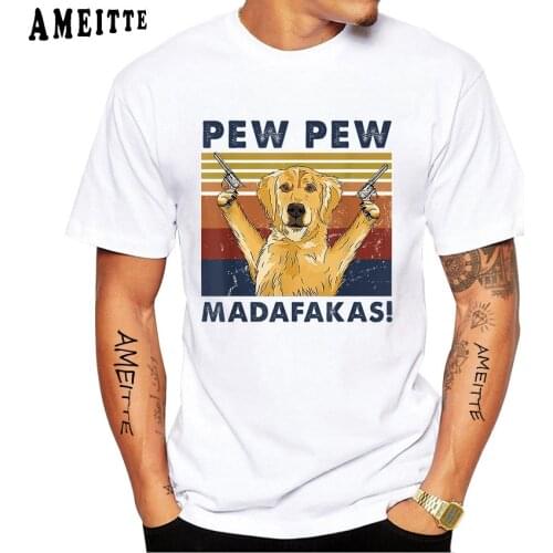 Golden Retriever Pew Pew Madafakas Funny Vintage Dog Classic Print T-Shirt Summer Men Short Sleeve Casual Tops Hip Hop Boy Tees