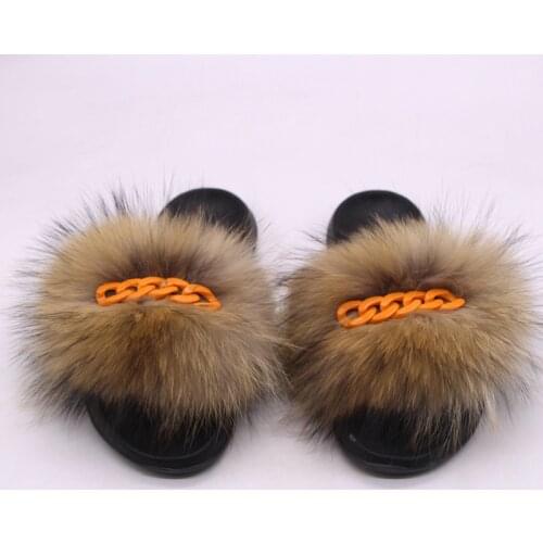 2021 New Ladies Slippers Summer Real Fox Raccoon Fur Cute Fluffy Furry Orange Chain Decoration Indoor Sandals For Women TX37