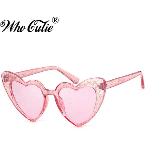 WHO CUTIE Women Sunglasses Vintage Brand Designer Heart Shape Pink Glitter Lens Funny Sun Glasses Girls Party Festival OM863